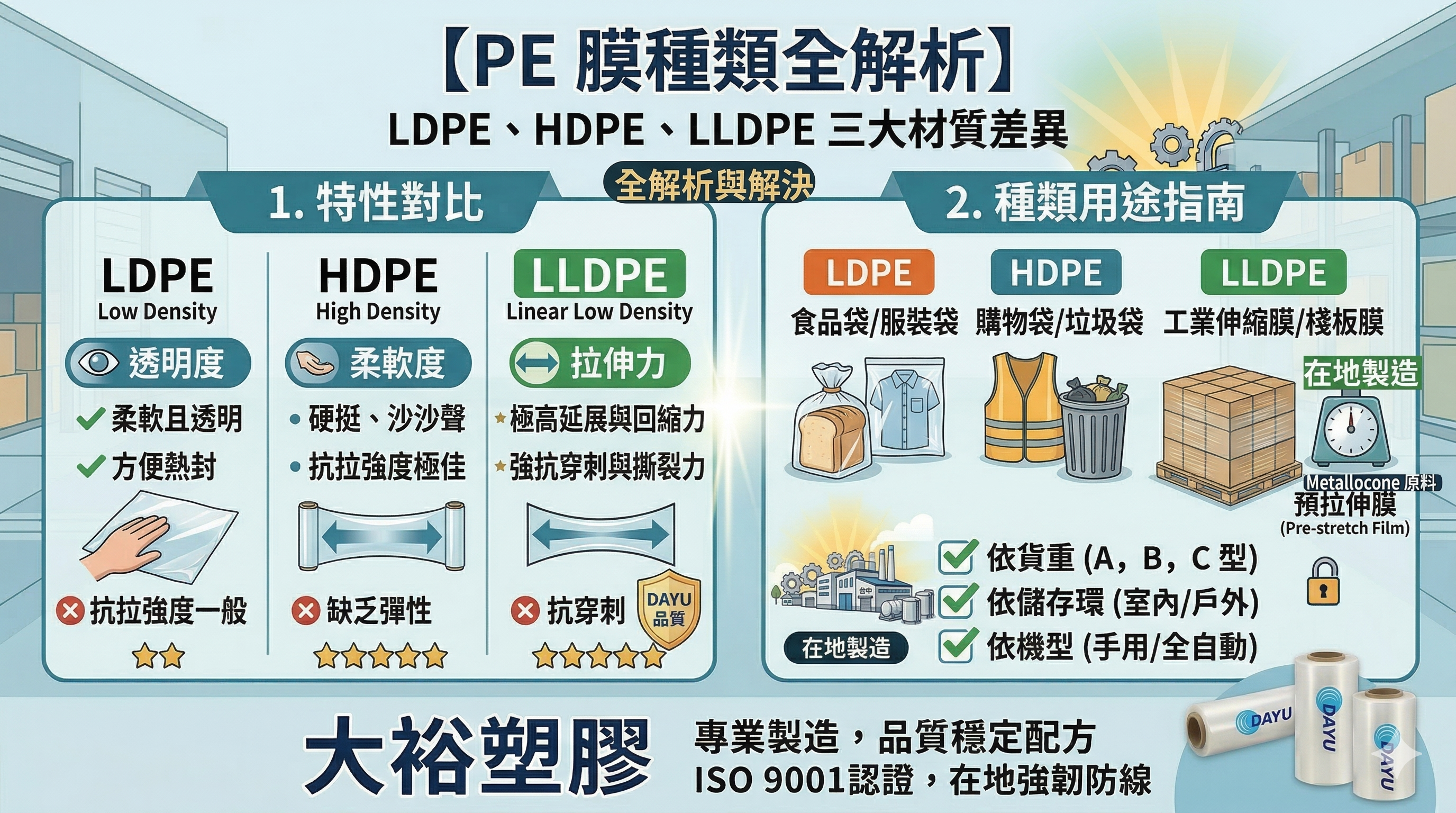 【PE膜種類全解析】LDPE、HDPE、LLDPE有何不同？3大材質差異與用途比較｜大裕塑膠