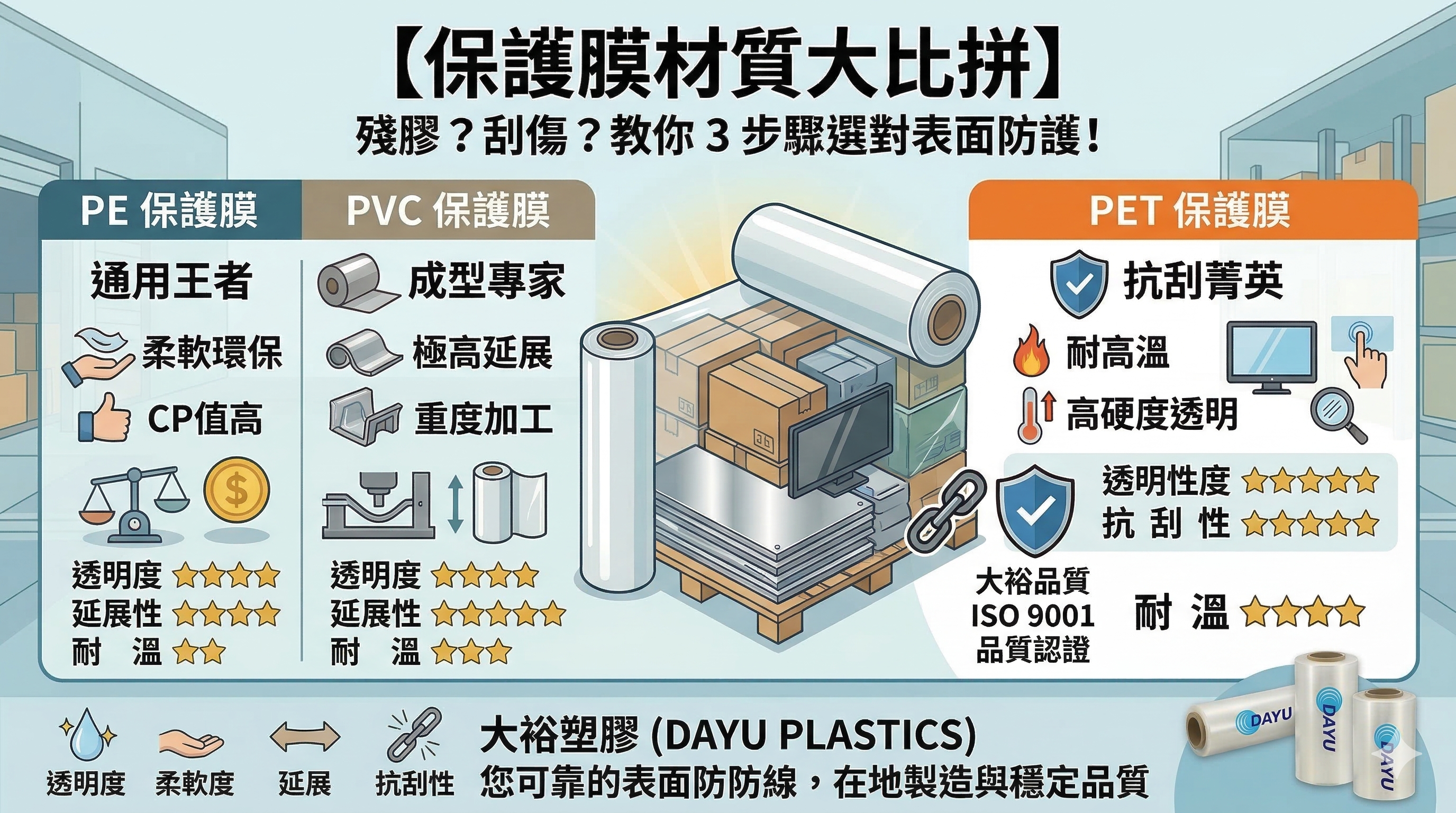 【保護膜材質比較】PE vs. PVC vs. PET 保護膜怎麼選？優缺點全解析｜大裕塑膠